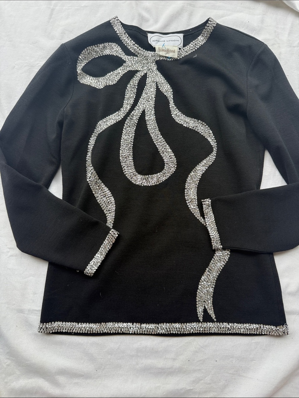Adrienne Vittadini Neiman Marcus Black Jewel-Trim Long Sleeve Top